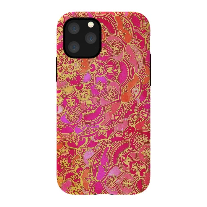 iPhone 11 Pro StrongFit Hot Pink and Gold Baroque Floral Pattern by Micklyn Le Feuvre
