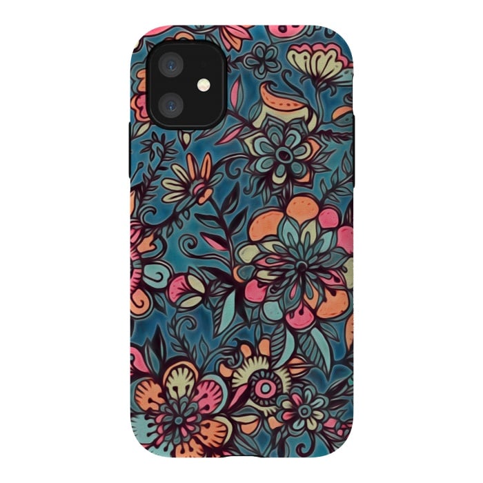 iPhone 11 StrongFit Sweet Spring Floral - melon pink, butterscotch & teal by Micklyn Le Feuvre