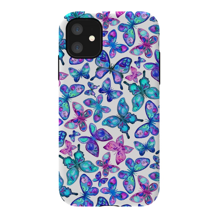 iPhone 11 StrongFit Watercolor Fruit Patterned Butterflies - aqua and sapphire by Micklyn Le Feuvre