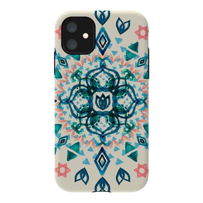 iPhone 11 StrongFit Watercolor Lotus Mandala in Teal & Salmon Pink by Micklyn Le Feuvre