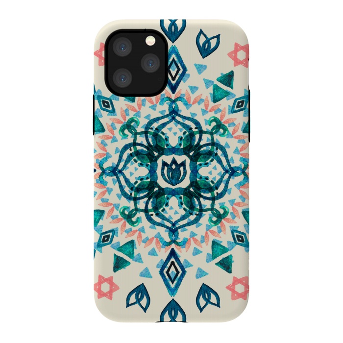 iPhone 11 Pro StrongFit Watercolor Lotus Mandala in Teal & Salmon Pink by Micklyn Le Feuvre