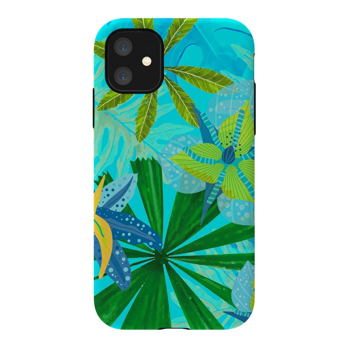 iPhone 11 StrongFit Watercolor Abstract Teal and Blue Aloha tropical Jungle by  Utart