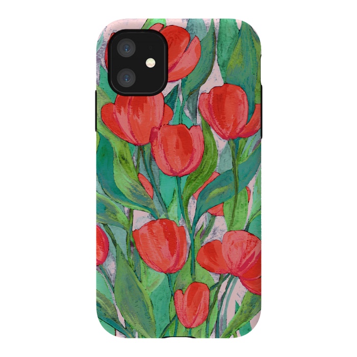 iPhone 11 StrongFit Blooming Red Tulips in Gouache  by Micklyn Le Feuvre