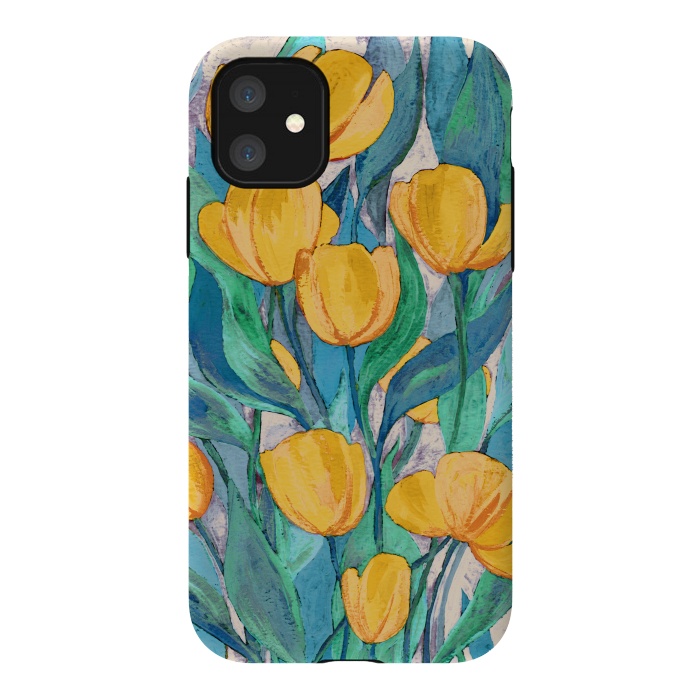 iPhone 11 StrongFit Blooming Golden Tulips in Gouache  by Micklyn Le Feuvre