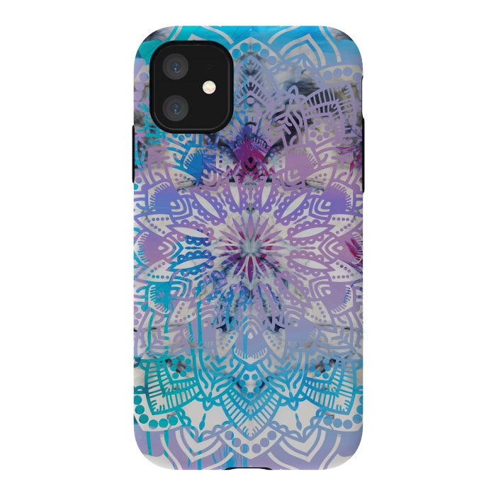iPhone 11 StrongFit Blue lavender mandala drawing on white marble by Oana 