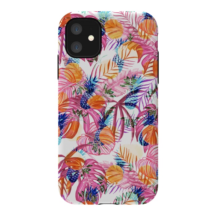 iPhone 11 StrongFit Pink tropical leaves and blue pineapples by Oana 