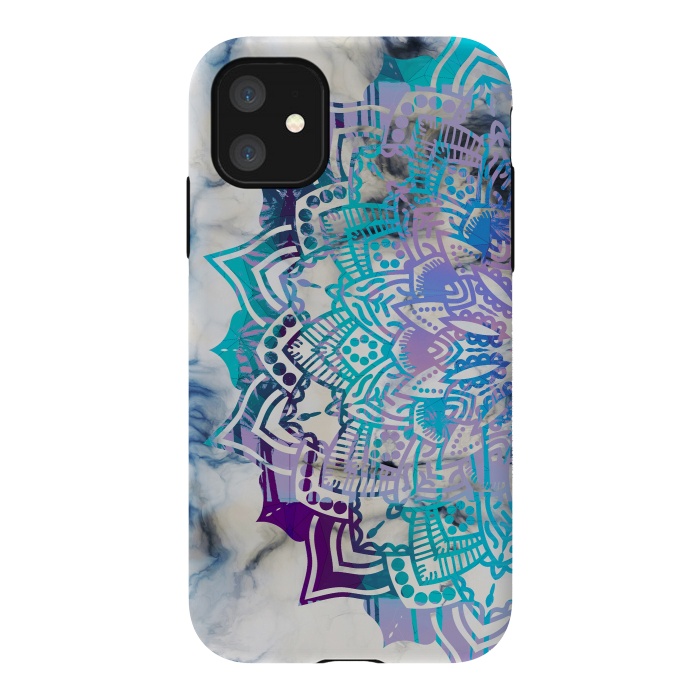 iPhone 11 StrongFit Blue purple mandala on white marble texture by Oana 