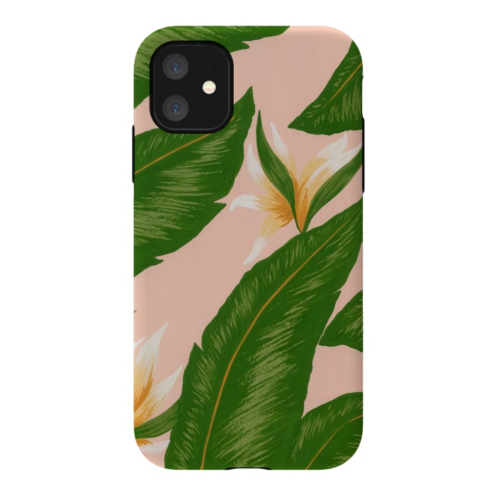 iPhone 11 StrongFit Pink Bird Of Paradise Jungle Floral Print by Becky Starsmore
