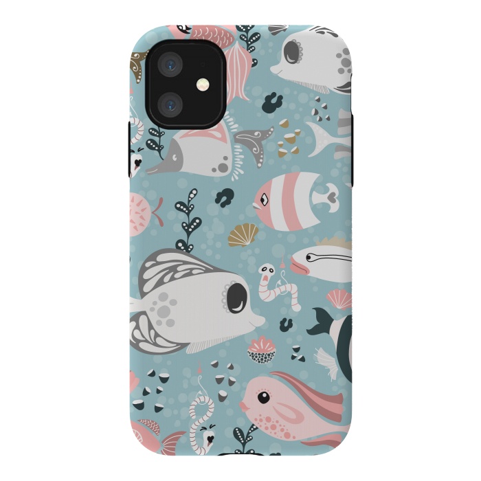 iPhone 11 StrongFit Funny Fish in Pink and Grey by Paula Ohreen