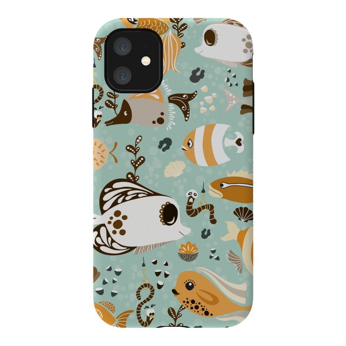 iPhone 11 StrongFit Funny Fish in Orange and Brown by Paula Ohreen