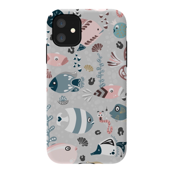 iPhone 11 StrongFit Funny Fish in Pink and Blue by Paula Ohreen