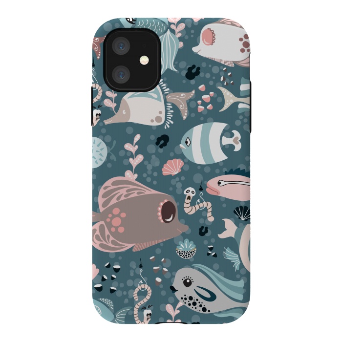 iPhone 11 StrongFit Funny Fish in Blue and White by Paula Ohreen