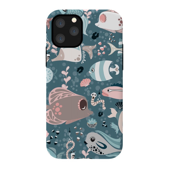 iPhone 11 Pro StrongFit Funny Fish in Blue and White by Paula Ohreen