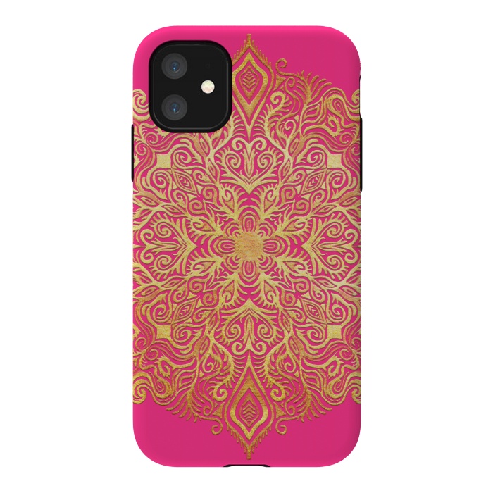 iPhone 11 StrongFit Ornate Gold Mandala on Hot Pink by Micklyn Le Feuvre