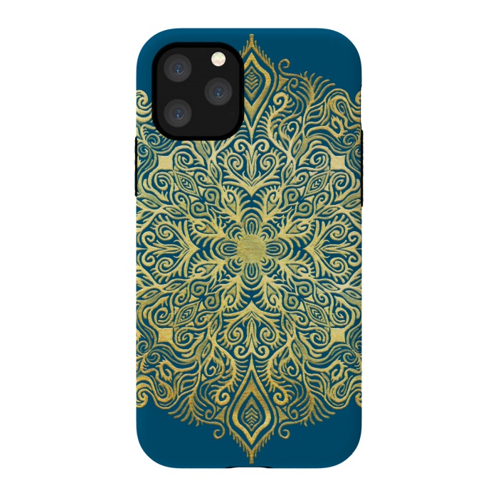 iPhone 11 Pro StrongFit Ornate Gold Mandala on Deep Blue by Micklyn Le Feuvre
