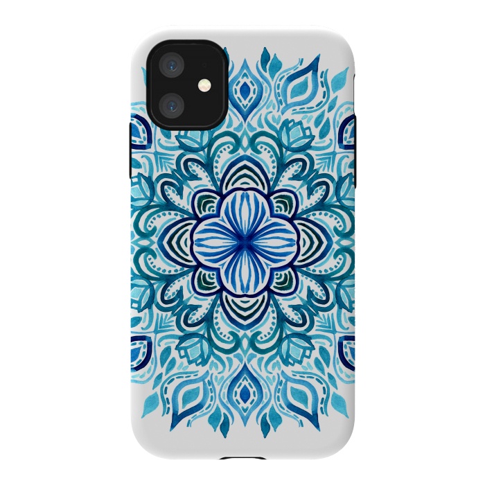 iPhone 11 StrongFit Watercolor Blues Lotus Mandala by Micklyn Le Feuvre