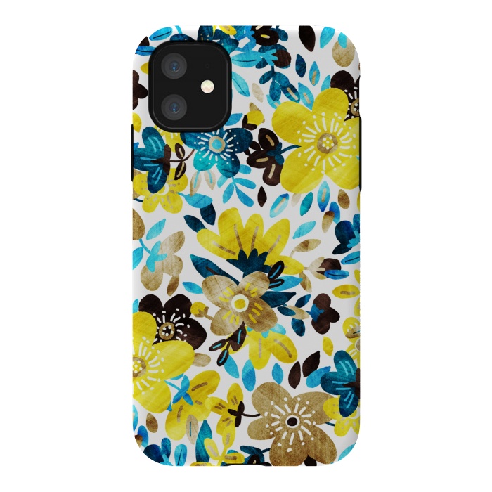 iPhone 11 StrongFit Happy Yellow & Turquoise Floral Collage by Micklyn Le Feuvre