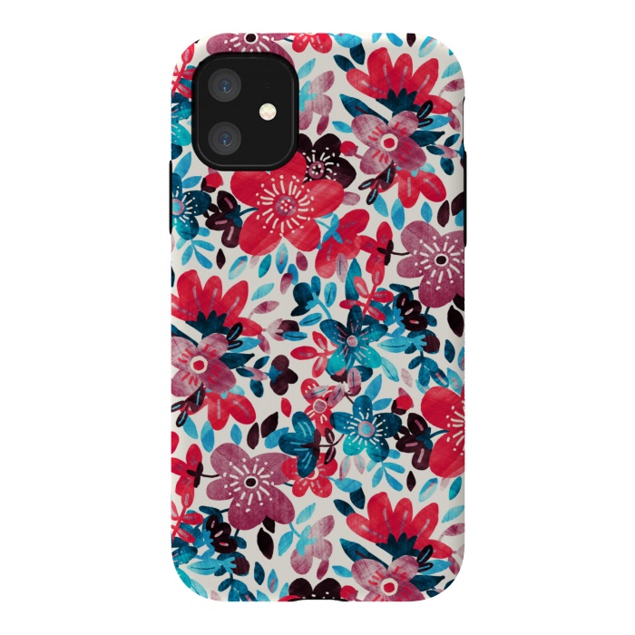 iPhone 11 StrongFit Cheerful Red and Blue Floral Pattern by Micklyn Le Feuvre