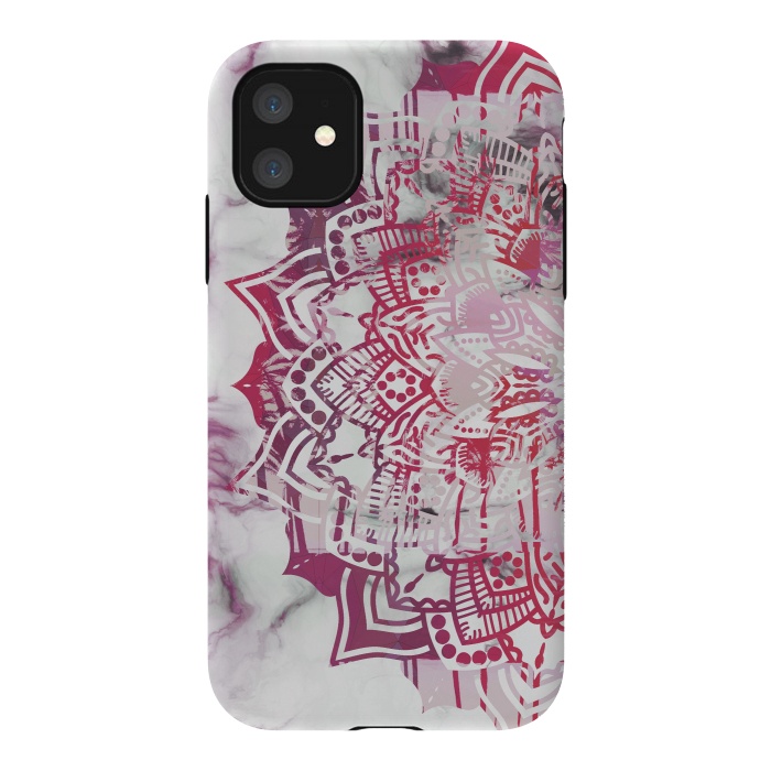 iPhone 11 StrongFit Red pink mandala digital painting on white marble by Oana 