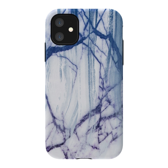 iPhone 11 StrongFit White marble with blue cracks brushstrokes by Oana 