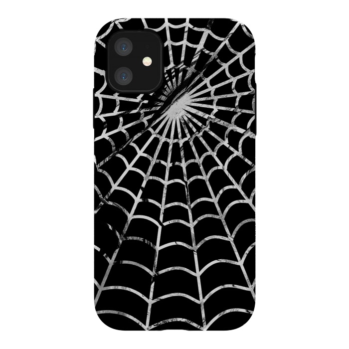 iPhone 11 StrongFit Black and white textured brushed spider web - Halloween by Oana 