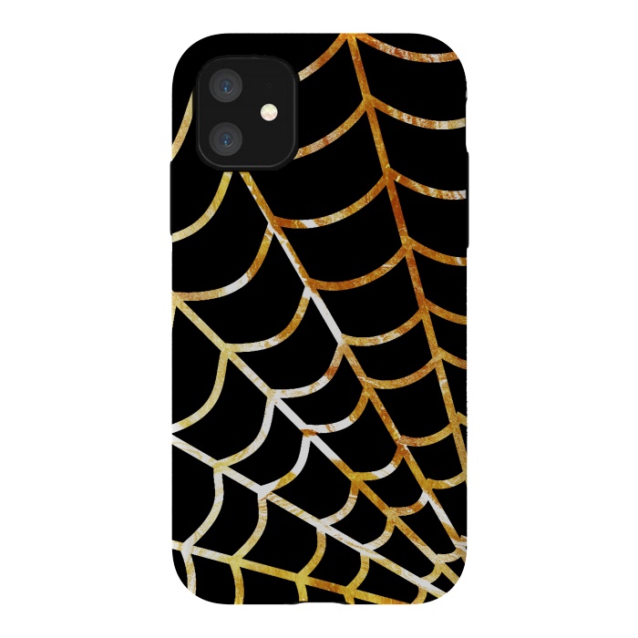 iPhone 11 StrongFit Golden spider web on black - line art Halloween illustration by Oana 