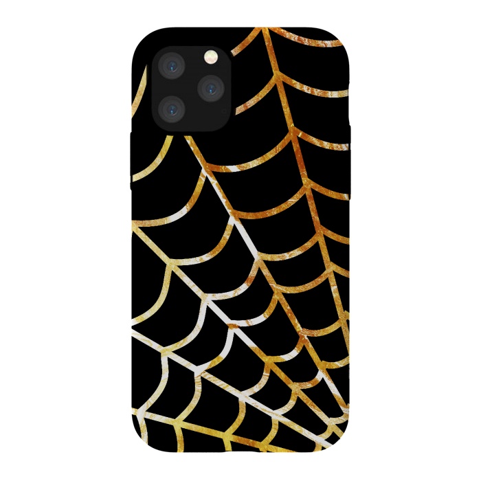 iPhone 11 Pro StrongFit Golden spider web on black - line art Halloween illustration by Oana 