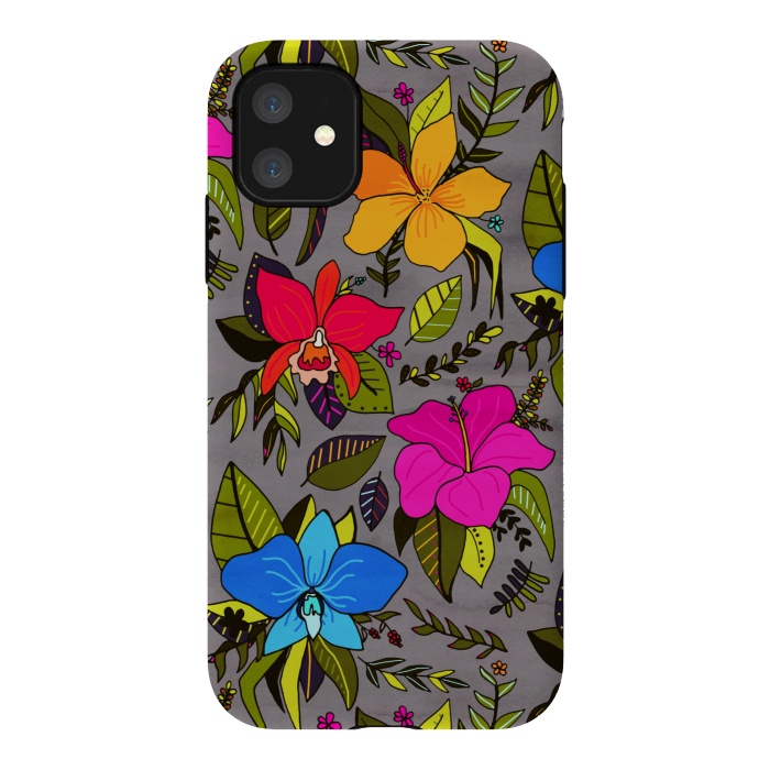 iPhone 11 StrongFit Tropical Floral On Grey  by Tigatiga