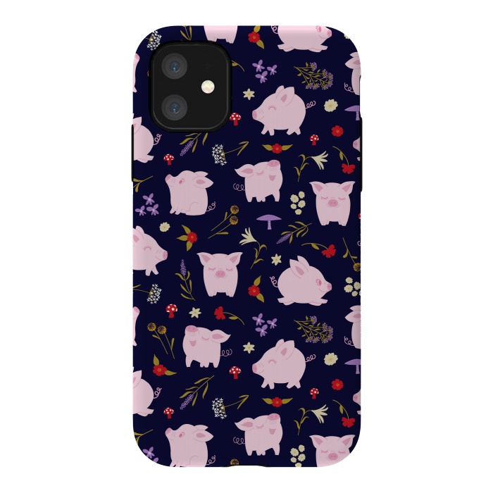 iPhone 11 StrongFit Cute Pigs Dancing Around Floral Motif by Portia Monberg