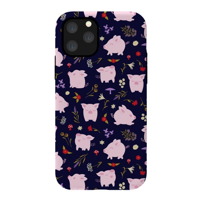 iPhone 11 Pro StrongFit Cute Pigs Dancing Around Floral Motif by Portia Monberg