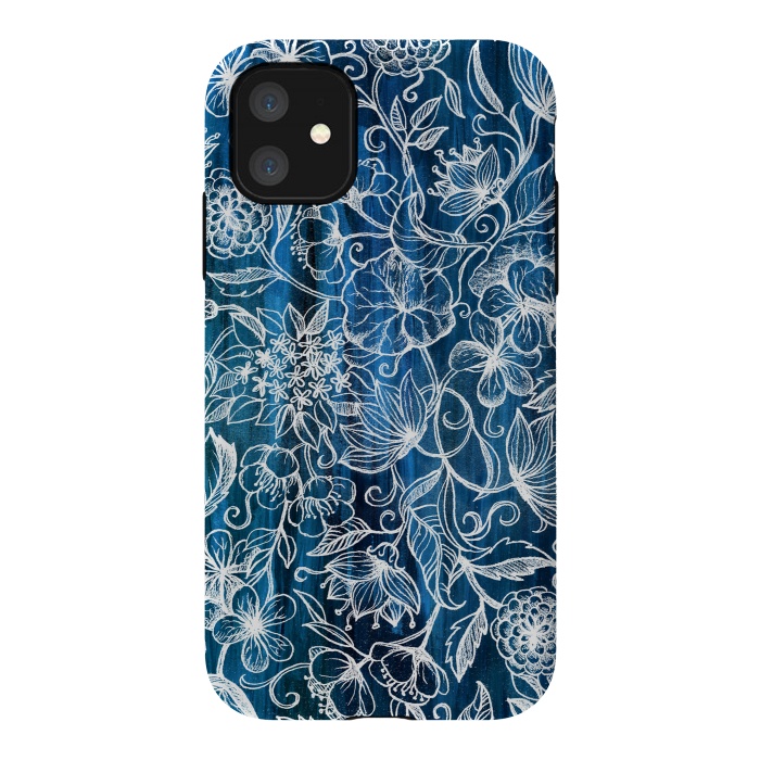 iPhone 11 StrongFit In Her Garden - white floral drawing on blue by Micklyn Le Feuvre