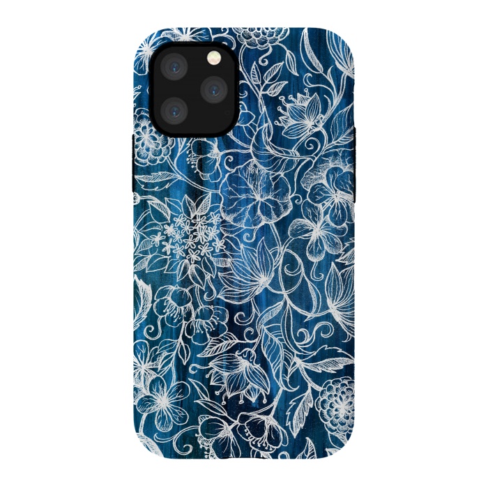 iPhone 11 Pro StrongFit In Her Garden - white floral drawing on blue by Micklyn Le Feuvre