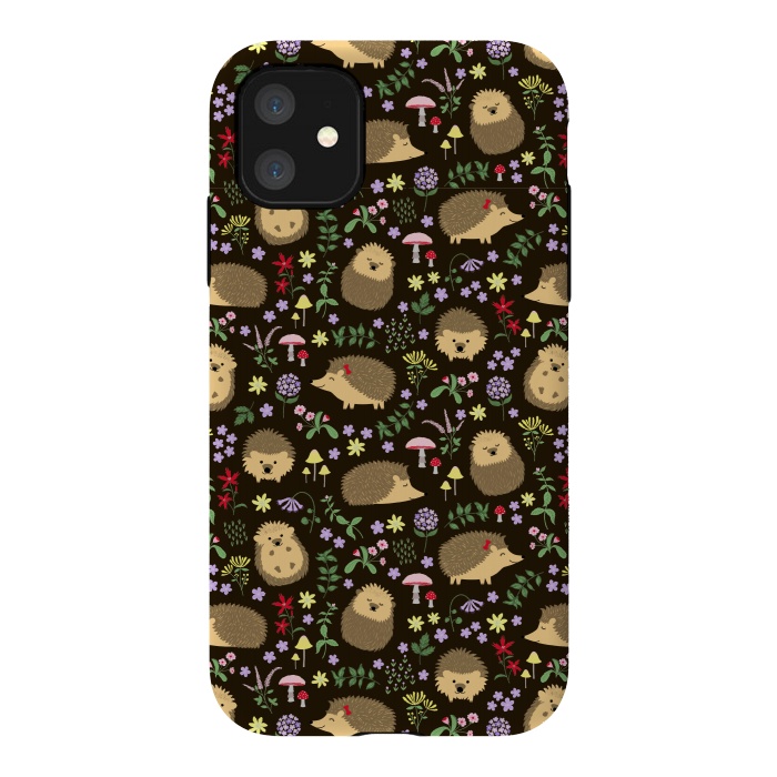 iPhone 11 StrongFit Hedgehogs amid woodland plants and flowers by Portia Monberg