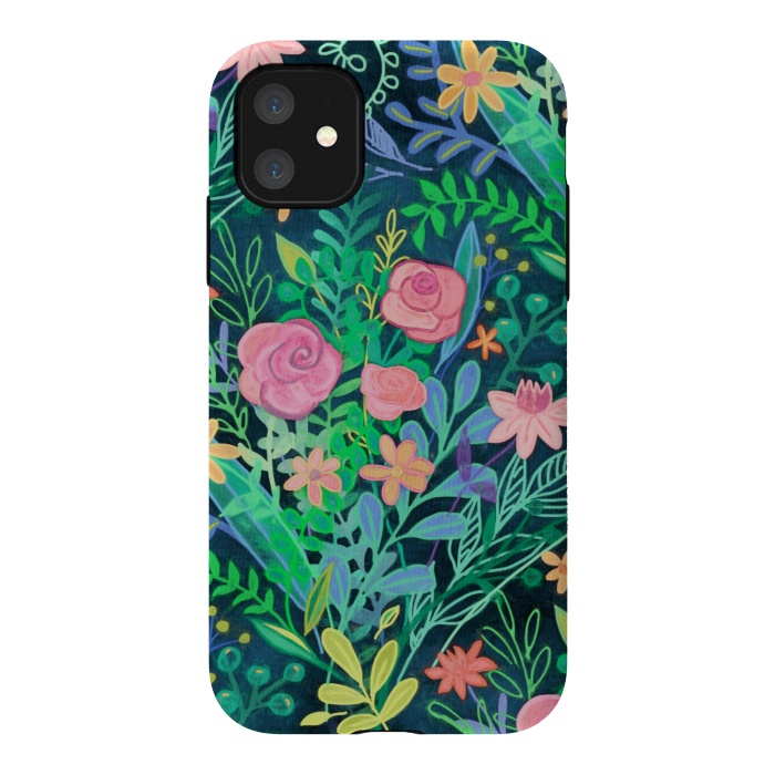 iPhone 11 StrongFit Bright Floral Posie on Dark Green by Micklyn Le Feuvre