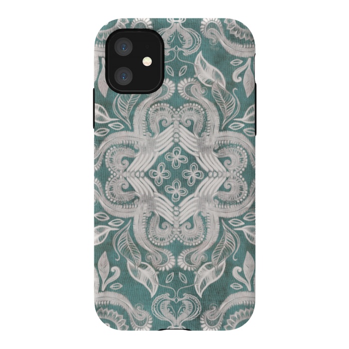 iPhone 11 StrongFit Dirty Denim Boho Pattern in Teal and Grey by Micklyn Le Feuvre