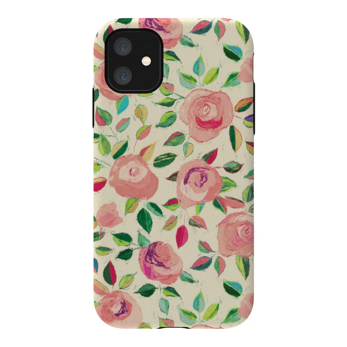 iPhone 11 StrongFit Pink and Peach Rose Pattern in Pastels by Micklyn Le Feuvre