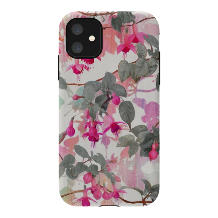iPhone 11 StrongFit Painted Fuchsia Floral in Pink and Grey  by Micklyn Le Feuvre