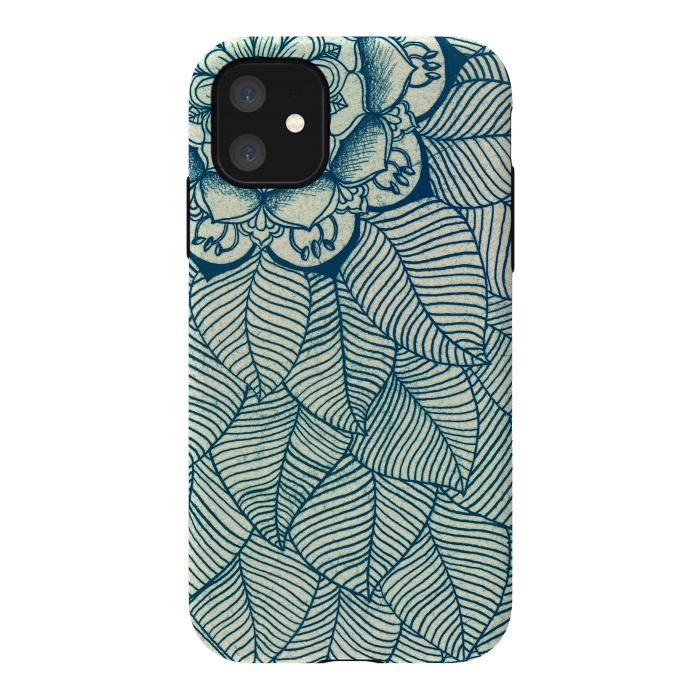 iPhone 11 StrongFit Emerald Green, Navy & Cream Floral & Leaf doodle by Micklyn Le Feuvre