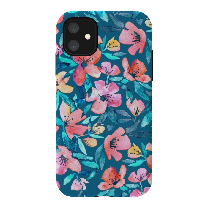 iPhone 11 StrongFit Fresh Watercolor Floral on Teal Blue by Micklyn Le Feuvre