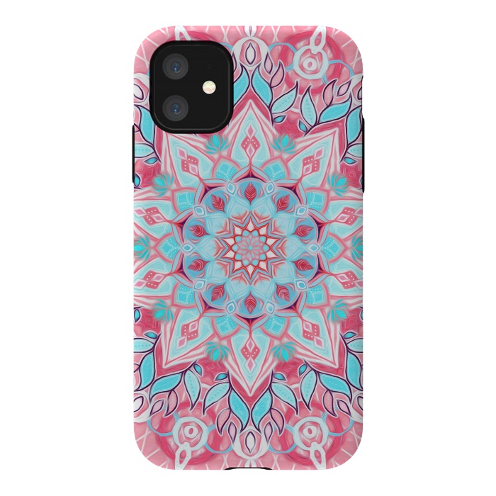 iPhone 11 StrongFit Bright Boho Aqua and Pink Mandala by Micklyn Le Feuvre