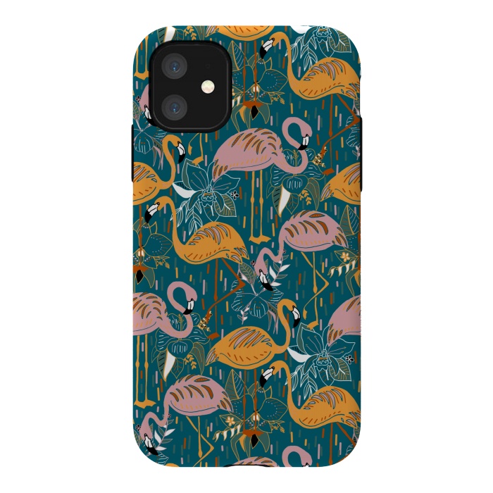 iPhone 11 StrongFit Flamingos On Blue  by Tigatiga