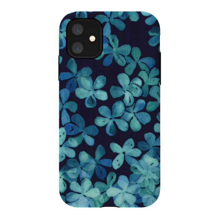 iPhone 11 StrongFit Hand Painted Floral Pattern in Teal & Navy Blue by Micklyn Le Feuvre