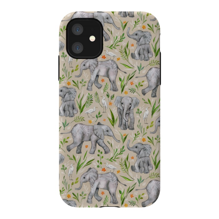 iPhone 11 StrongFit Little Watercolor Elephants and Egrets on Neutral Cream by Micklyn Le Feuvre