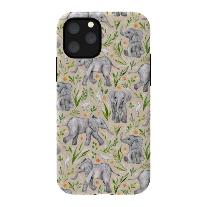 iPhone 11 Pro StrongFit Little Watercolor Elephants and Egrets on Neutral Cream by Micklyn Le Feuvre