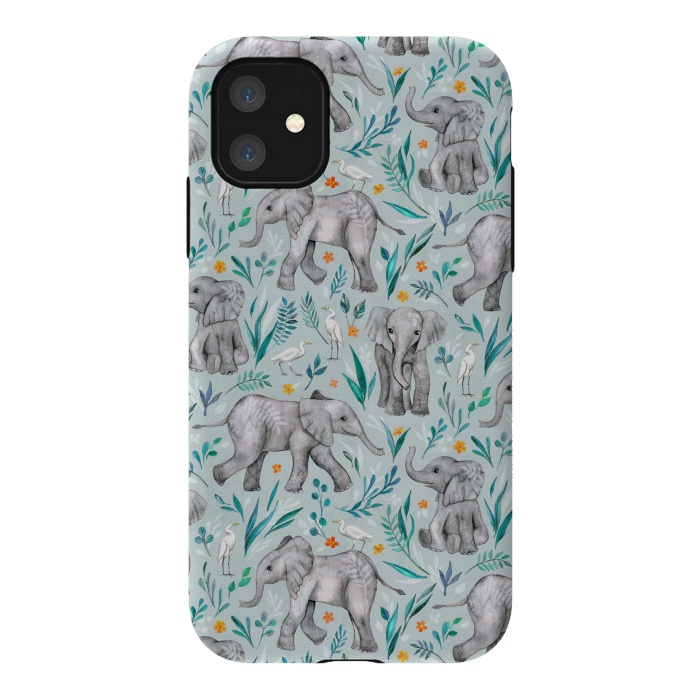 iPhone 11 StrongFit Little Watercolor Elephants and Egrets on Light Blue by Micklyn Le Feuvre