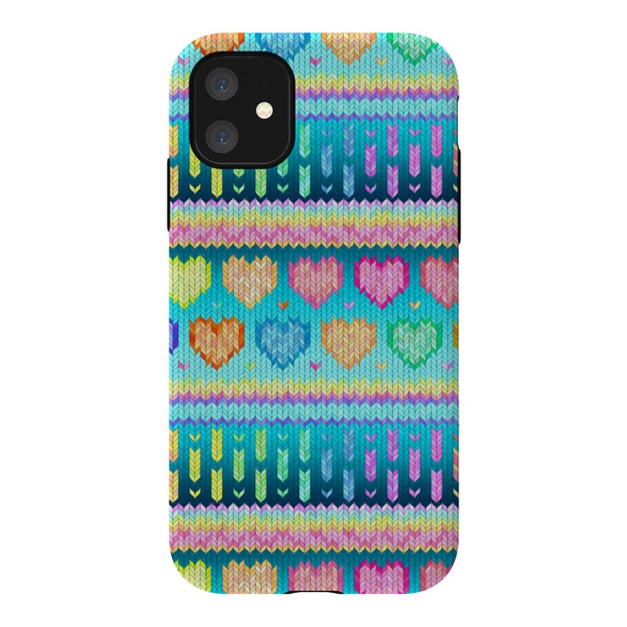 iPhone 11 StrongFit Cozy Knit with Rainbow Hearts on Teal Blue by Micklyn Le Feuvre