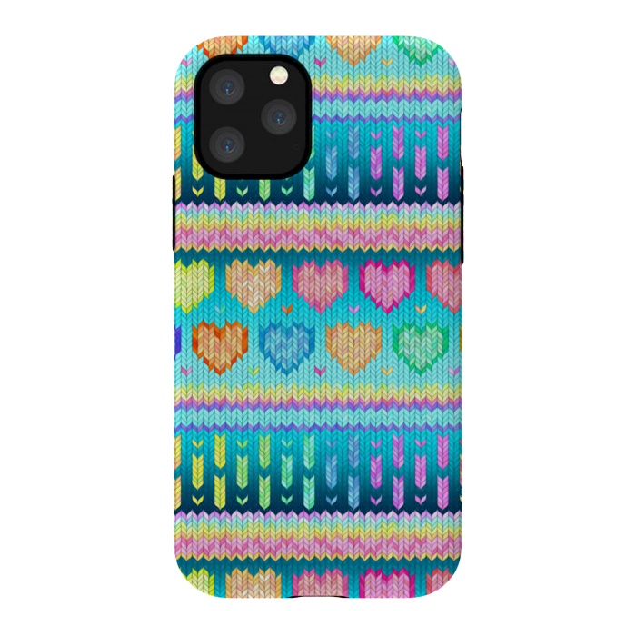 iPhone 11 Pro StrongFit Cozy Knit with Rainbow Hearts on Teal Blue by Micklyn Le Feuvre