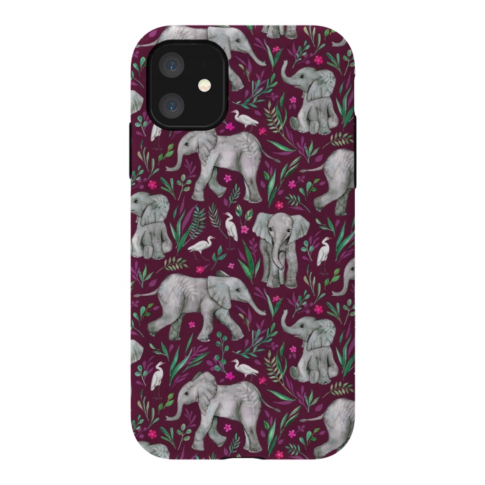 iPhone 11 StrongFit Little Watercolor Elephants and Egrets on Burgundy Red by Micklyn Le Feuvre