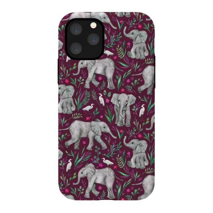 iPhone 11 Pro StrongFit Little Watercolor Elephants and Egrets on Burgundy Red by Micklyn Le Feuvre