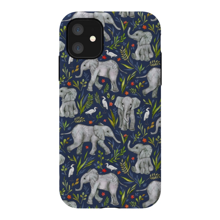 iPhone 11 StrongFit Little Watercolor Elephants and Egrets on Navy Blue by Micklyn Le Feuvre